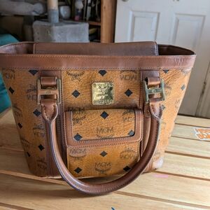 MCM Brown and Tan Logo Satchel